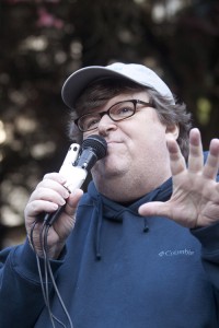 Michael Moore,a documentary filmmaker, spoke to Portland occupiers at Terry Shrunk Plaza on Monday, Nov. 1. “This is what America looks like,”he said.