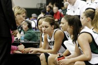 X’s and O’s: Womens’ basketball head coach Sherri Murrell goes over the gameplan with her team during a timeout.