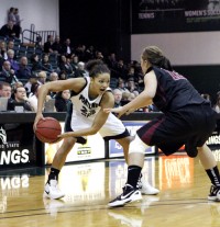 Courtney’s cookin’: The Vikings’ leading scorer so far this season, junior guard Courtney VanBrocklin, sizes up her defender as she looks for a scoring chance. 