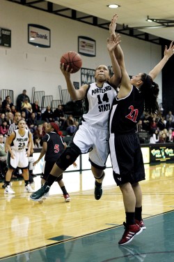 Senior forward Shauneice Samms goes for the hoop. The Vikings have dropped four games to put their season in Jeopardy.