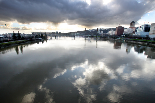 The Portland skyline as seen from the Morrison Bridge looking South