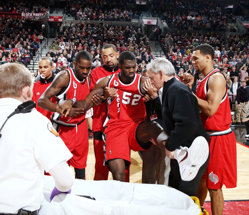  Time to hit the trail Greg Oden gets carried out of a game. Oden’s injuries have kept him out of 269 of the 351 games the Blazers have played since he was drafted.