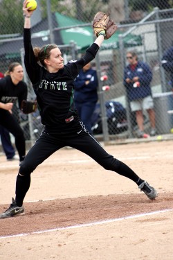 Watch closely: Pitcher Anna Bertrand leans back for the pitch. Bertrand, an eight-time conference pitcher of the week, pitched PSU’s first no-hitter in more than three years.
