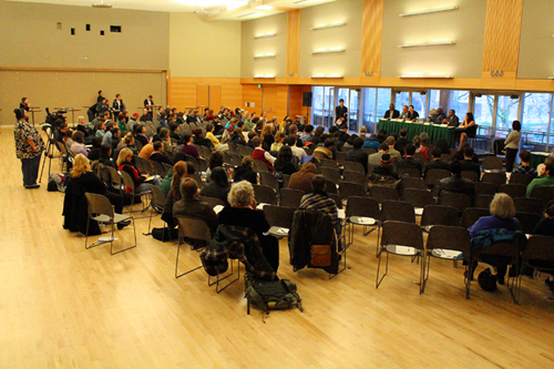 The crowd moves inside for a panel discussion comprised of PSU, Portland Community College and Mount Hood Community College administrators and the student body president of Mount Hood Community College.