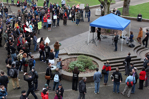 Students gather before speakers in South Park Blocks