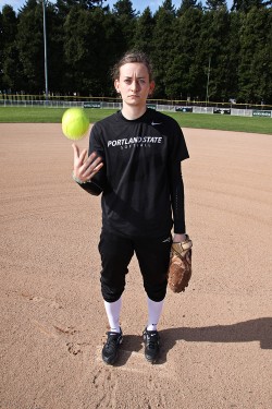 Softball the hard way: Anna Bertrand stands on the field in the Vikings home stadium, Erv Lind. Bertrand has been a key factor in the team’s preseason victories. 