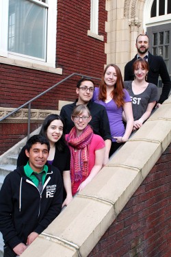 PSU Model U.N. members (left to right) Victor Mena, Anna Ceniceros, Jennalyn Burke, Cole Simko, Ellen Coughlin, Ann Coughlin and Adam Stein pose for a photo outside of Shattuck Hall.
