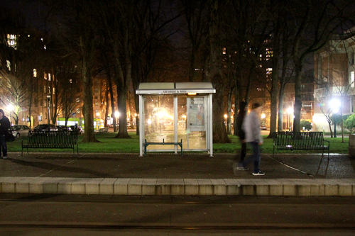 Gimme shelter: many MAX stops provide printed schedules and offer shelter from the elements. 