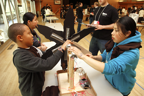 MESA Day Ockley Green School students showcase their wind energy designs to judges.