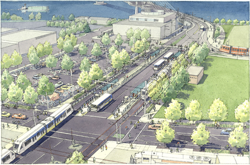 The Orange Line: A graphic rendering of the future OMSI and Southeast Water Avenue MAX station.