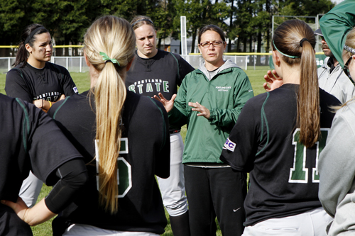 Birds of prey: Head coach Tobin Echo-Hawk talks to the team. Echo-Hawk emphazised that the team needs to start soundly winning double-headers, starting this weekend against the Seattle University Redhawks. 
