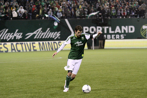Out of the gates: Defender Eric Brunner takes the ball at Jeld–Wen. The Timbers started their 2012 campaign with a bang but have struggled down the stretch.