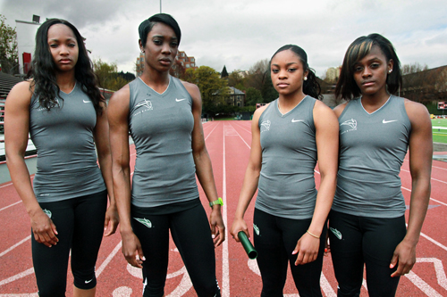 Remember these faces From the left to right, junior Sierra Brooks, junior Geronne Black, senior Anaiah Rhodes and freshman Jazmin Ratcliff, who make up the Viking relay team, pose on their training track. Saturday, they recorded the second fastest relay time in Portland State history to win the 4x100-meter relay event at the MONDO Challenge.