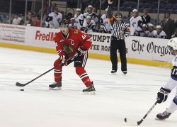 Winter is coming: Defender William Wrenn looks to move the puck up the ice. The Winterhawks’ effective mid-rink game has led to one of the highest–scoring offenses in the WHL this year. 