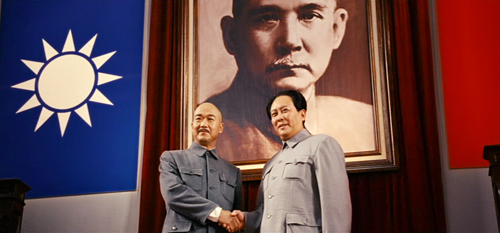 Fearless leaders: Mao Zedong (Guoqiang Tang), right, and Chiang Kai-Shek (Guoli Zhang) agree to a tentative peace agreement between their political parties.