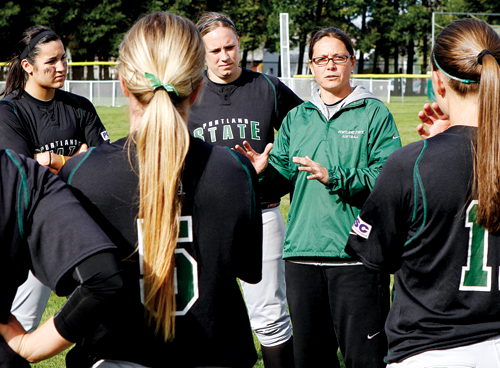 Big game: Coach Tobin Echo-Hawk encourages her players to stay positive after a losing game. The Vikings’ softball team beat Mississippi State during the NCAA regionals last week, a win Echo-Hawk considers momentous.