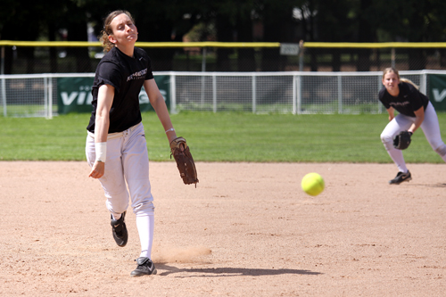 Throwing lighting: Pitcher Anna Bertrand slings in a strike at the PCSC Championship. She led the team to a 1-0 victory in game two.