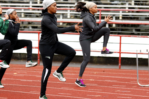 Success meets succession: Karene King warms up during practice. Although King and Black have garnered most of the attention this year, a new generation of sprinters, including freshmen Jake Ovgard and Jazmin Ratclif, have made names for themsevles this spring.