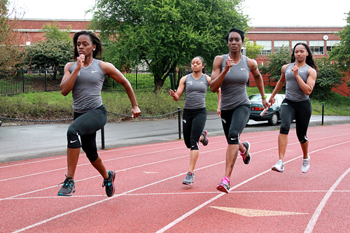 Pass the baton: The women’s 4x100 relay team practices for the NCAA West Regional. The team broke the PSU record and took home gold at the Big Sky Championship this year.