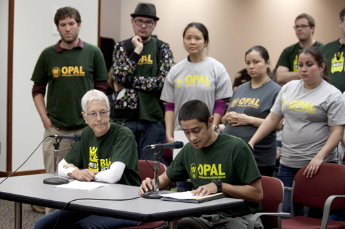 Speaking out: Members of OPAL and Bus Riders Unite object to the proposal at the TriMet budget meeting.