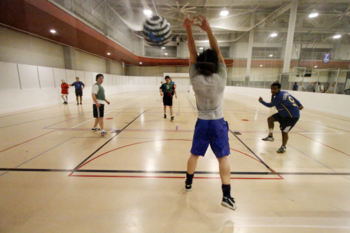 Indoor slam: PSU students participate in intramural indoor soccer. The games are played five vs. five.