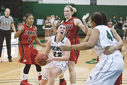 Allison Greene is swarmed by defenders as she goes for two against Southern Utah on Thursday. Photo by Jinyi Qi