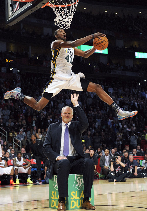 Jeremy Evans of the Utah Jazz was one of the highlights of this year's dunk contest during NBA All-Star weekend. Photo © The Associated Press