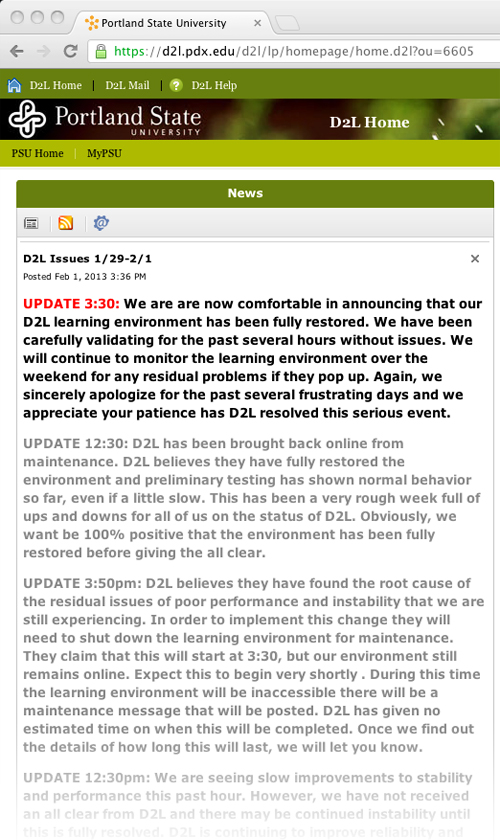 Periodic updates were posted on the D2L website during the crash. The company serves more than 10 million students around the globe. Photo  © D2L.PDX.EDU