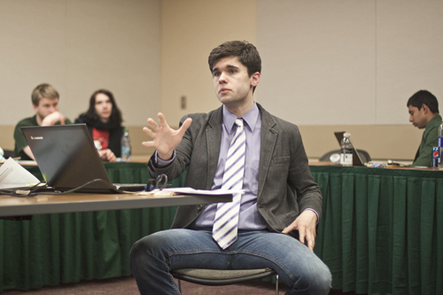 Nick Rowe, the SFC chair who presented the bulk of the SFC allocations, responds to concerns from affected student groups. Photo by Miles Sanguinetti.
