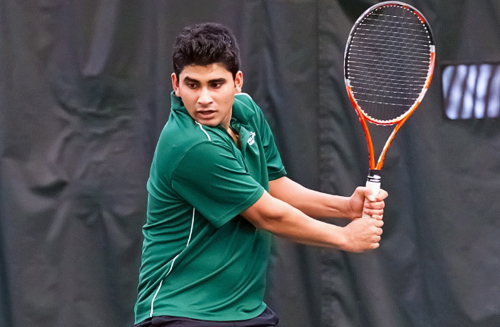 Abhinav Mishra fought through to the end in his doubles match on Saturday, ultimately losing 10-8 in the match tiebreaker as the Vikings lost 7-0 to Idaho State. Photo by © Larry Lawson/Goviks.com