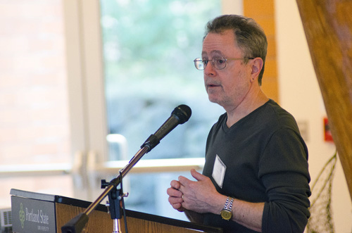 Memoirist, fiction writer and poet Floyd Skloot delivers his keynote address at last week’s Write to Publish conference. Photo by Daniel Johnston.