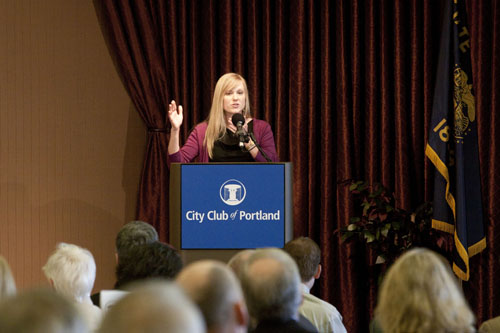 Emily McLain, executive director of the Oregon Student Association (OSA), speaks at the Portland City Club’s Friday Forum. 