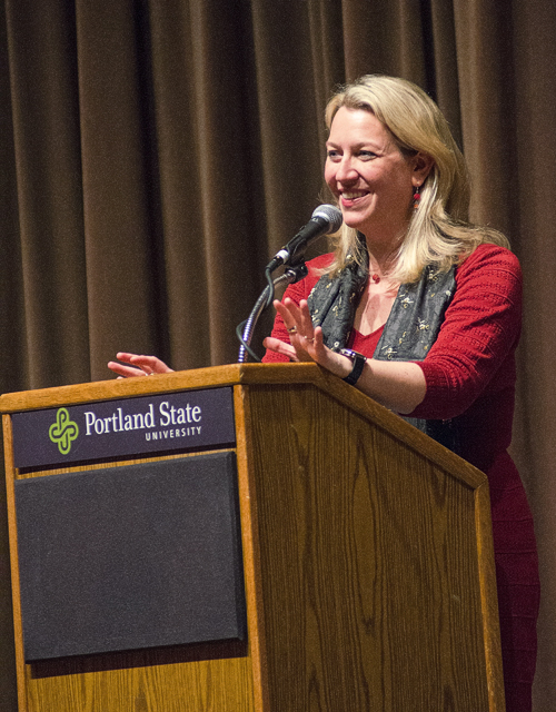 Poet at the podium: Cheryl Strayed addresses a rapt audience last week at PSU. Photo by Daniel Johnston.