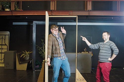 A man walks into a theater...WASP director Nate Patterson and lead actor Andrew S. Millar mess around onstage. The Steve Martin-penned play is part of The university’s Festival of Short Plays at Lincoln Hall this weekend. Photo by Daniel Johnston.