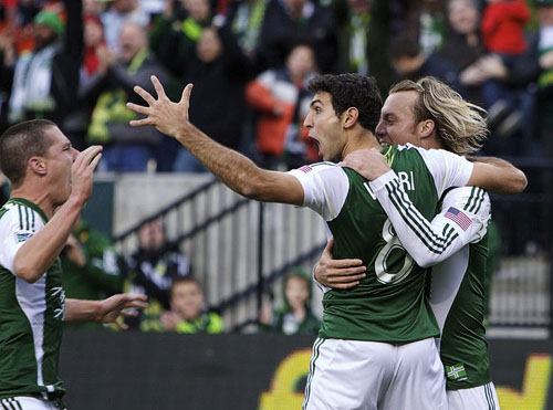Diego Valeri celebrates after scoring a goal in the first half against New York on Sunday. Photo by © thomas boyd/the oregonian.