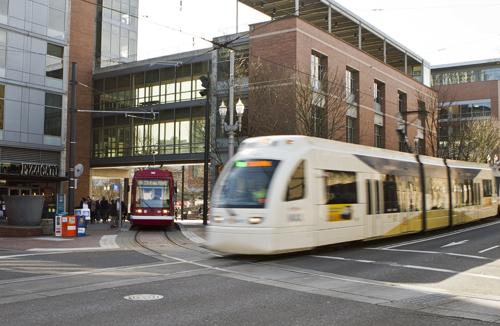 Max trains and the Portland streetcar intersect at PSU’s Urban Plaza. The ATU is concerned about this  “blackout area.”  Photo by Karl Kuchs.
