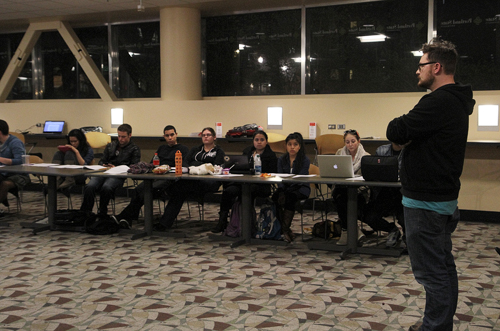 Ethan Allen Smith speaks to ASPSU Senate during Wednesday's night meeting. Photo by Kayla Nguyen.