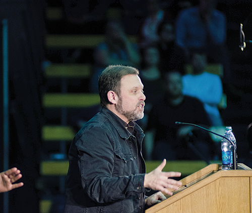Tim wise lectures on the dominant white community’s “narrative of privilege” Wednesday evening. Photo by Daniel Johnston.