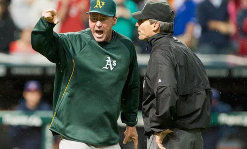Bob Melvin argues in vain after the officiating crew overruled a home run in a game his team lost earlier this month. Photo by © Jason Miller / Getty images