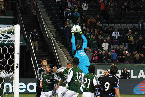 Donovan Ricketts and the Timbers defense held the New England Revolution at bay in Thursday’s matchup at Jeld-Wen Field, but the offense was  unable to break through as Portland settled for a scoreless draw. Photo © Jennifer Kesgard Community Blogger