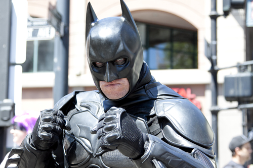 The dark knight in day light: Batman (Matt Moews) took part in the third annual Superhero Pub Crawl. Photo by Jinyi Qi.