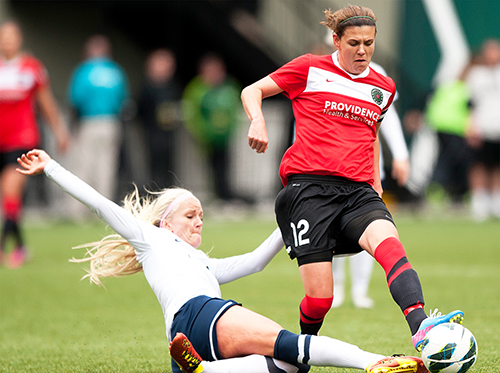 Christine Sinclair placed a team high four shots on goal against FC Kansas City on Sunday, but the Thorns were unable to find the net in a 2-0 loss. Photo © Patricia Giobetti