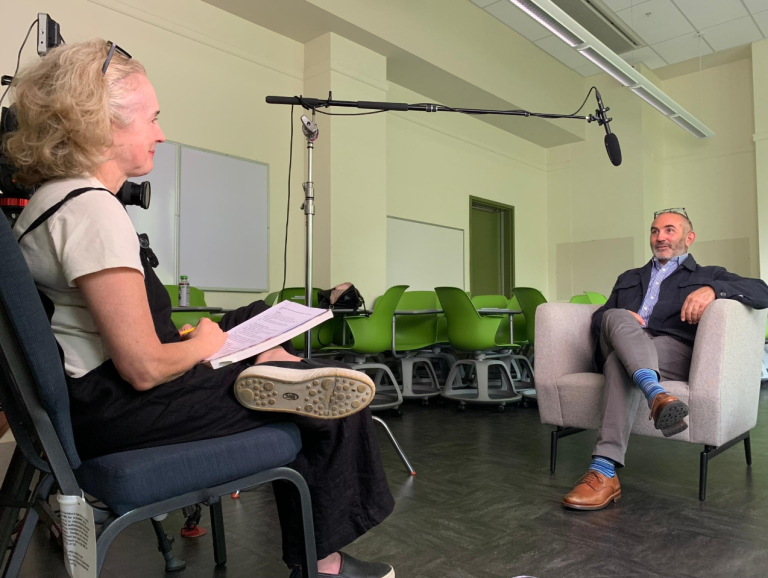 Jennifer Ruth (left) interviews Saree Makdisi (right) during production of 'The Palestine Exception.'